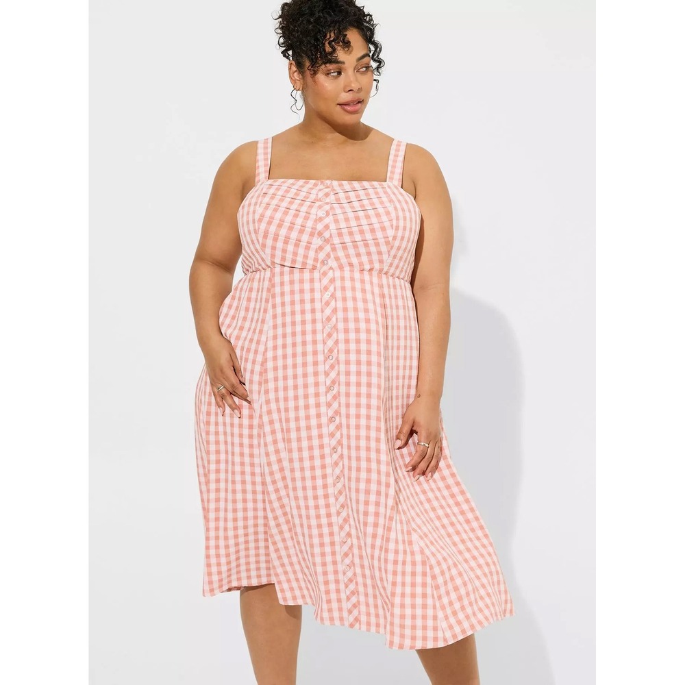 Torrid Pink‎ Gingham Midi Dress 2 2X Coral Pink Sundress Sleeveless Smocked Back